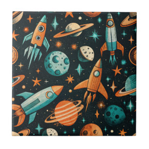Dreamy Spacecore Planets Teal Orange Cosmic Ceramic Tile