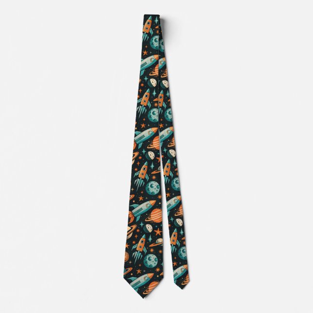 Dreamy Spacecore Planets Teal Orange Cosmic Tie (Front)