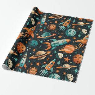 Dreamy Spacecore Planets Teal Orange Cosmic Wrapping Paper