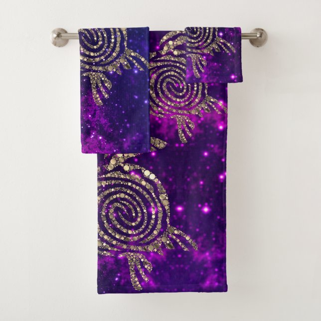 Dreamy Spiral Gold Shimmery Sea Turtles Bath Towel Set (Insitu)
