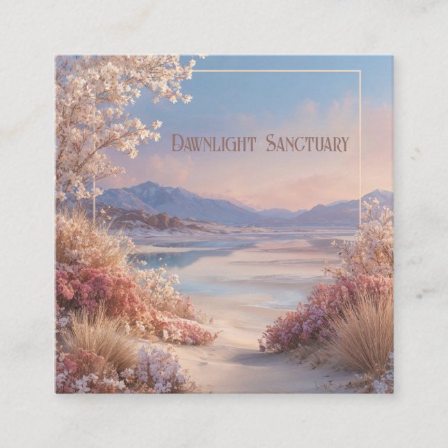 Dreamy Spring Lake Mountain Gold Frame Square Business Card (Front)