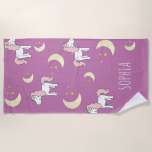 Dreamy Star Pink Magical Unicorn Girls Purple Beach Towel