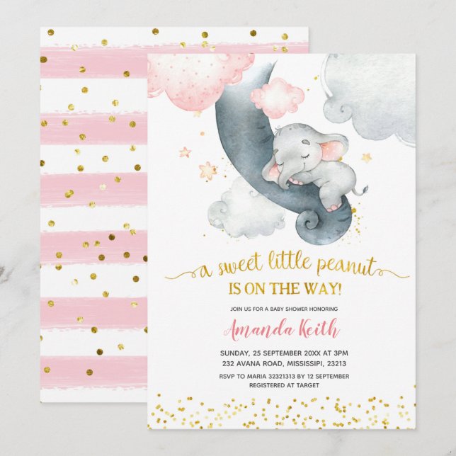 Dreamy Stars Pink Elephant Baby Shower Invitation (Front/Back)