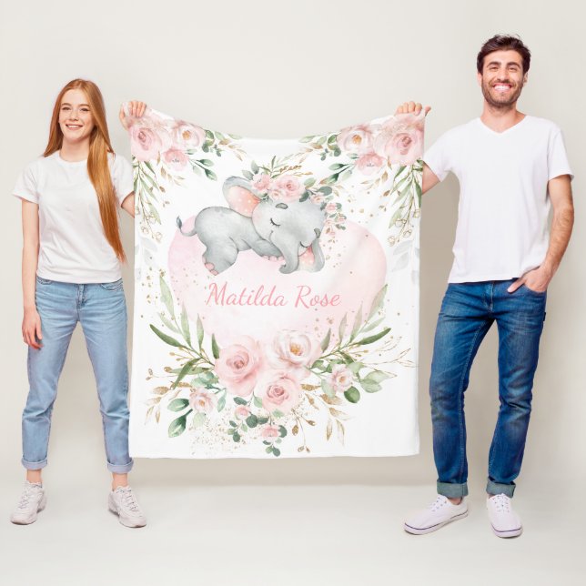 Dreamy Sweet Baby Elephant Girl Blush Pink Floral Fleece Blanket (In Situ)