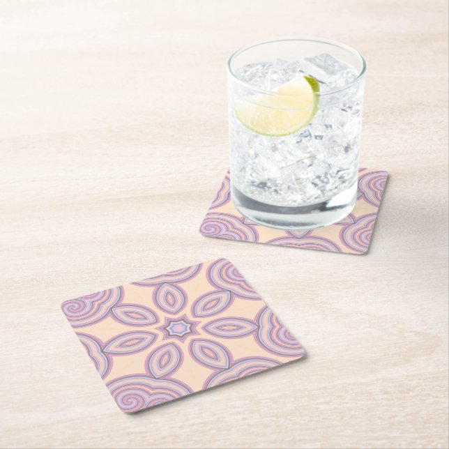 Dreamy Swirls – Pastel Psychedelic Pattern Square Paper Coaster (Insitu)