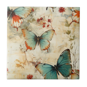 Dreamy Teal Butterfly Cottage Garden Floral Ceramic Tile