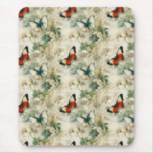 Dreamy Teal Butterfly Cottage Garden Floral Mouse Pad