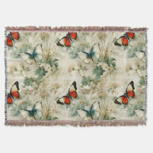 Dreamy Teal Butterfly Cottage Garden Floral Throw Blanket