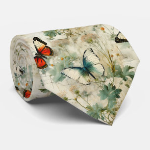 Dreamy Teal Butterfly Cottage Garden Floral Tie