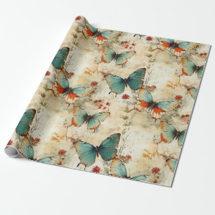 Dreamy Teal Butterfly Cottage Garden Floral Wrapping Paper