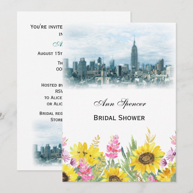 Dreamy Teal NYC Skyline Sunflower Bridal Shower V Invitation (Front/Back)