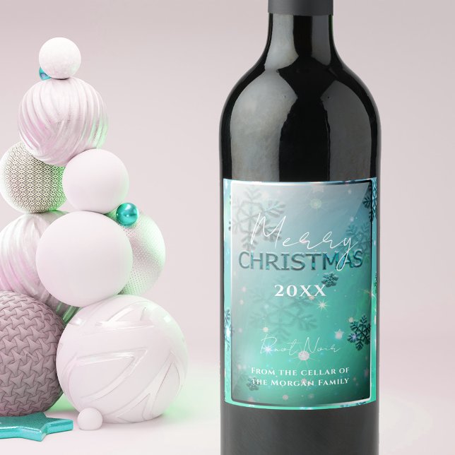 Dreamy Teal Silver Winter Wonderland Christmas  Wine Label (Creator Uploaded)