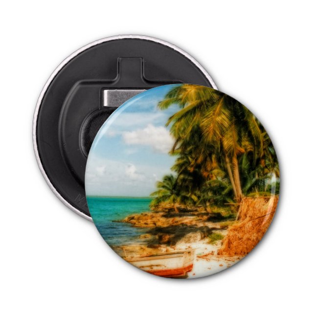 Dreamy Tropical Beach with Rowboat Bottle Opener (Front)