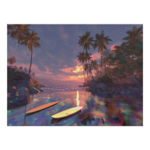 Dreamy Tropical Sunset with Glitch Reflections Poster