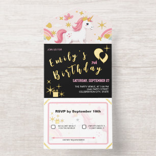 Dreamy Unicorns, Rainbows, Flowers / Birthday All In One Invitation