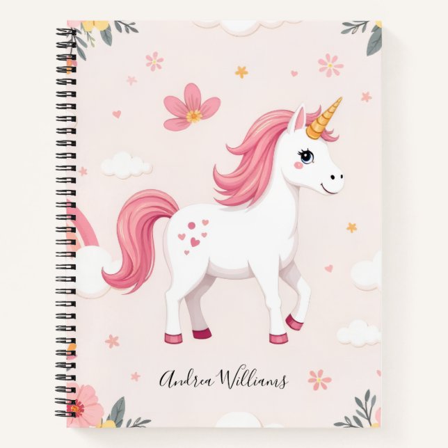 Dreamy Unicorns, Rainbows, Flowers, Cute Notebook (Front)