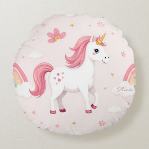 Dreamy Unicorns, Rainbows, Flowers, Cute Round Cushion