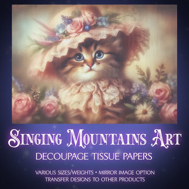 Dreamy Victorian Cat in Floral Hat Decoupage Tissue Paper (Creator Uploaded)