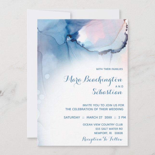 *~* Dreamy Watercolor Blues Pinks Trendy Modern Invitation (Front)