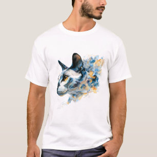 Dreamy Watercolor Cat Profile Blue Gold Abstract T-Shirt
