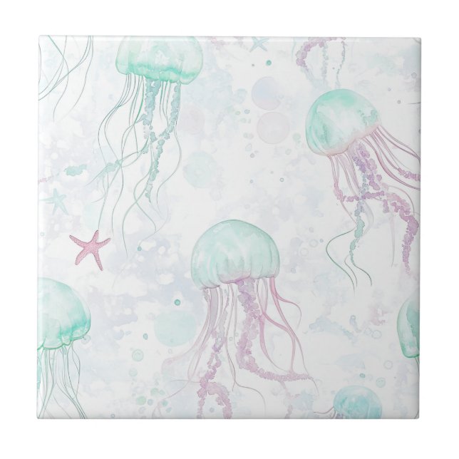 Dreamy Watercolor Jellyfish Ocean Pattern (1) Ceramic Tile (Front)