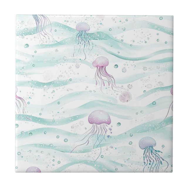 Dreamy Watercolor Jellyfish Ocean Pattern (3) Ceramic Tile (Front)