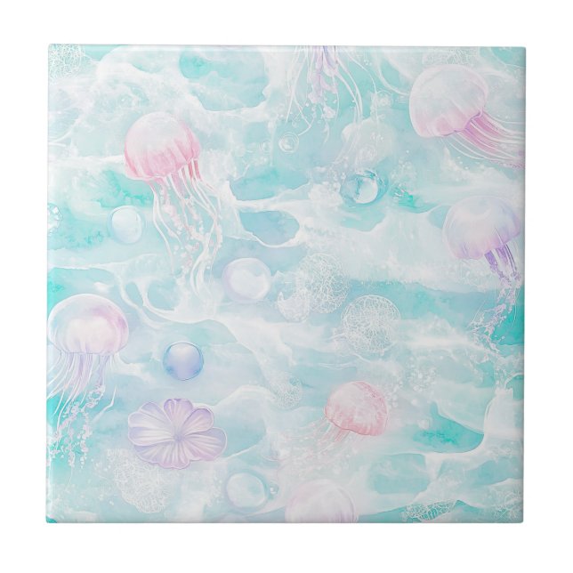 Dreamy Watercolor Jellyfish Ocean Pattern (5) Ceramic Tile (Front)