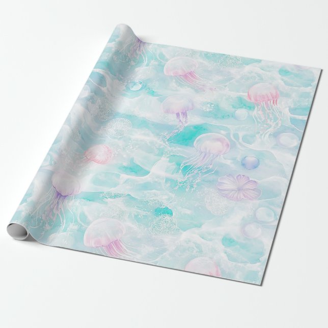 Dreamy Watercolor Jellyfish Ocean Pattern (5) Wrapping Paper (Unrolled)