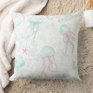 Dreamy Watercolor Jellyfish Ocean Pattern Cushion