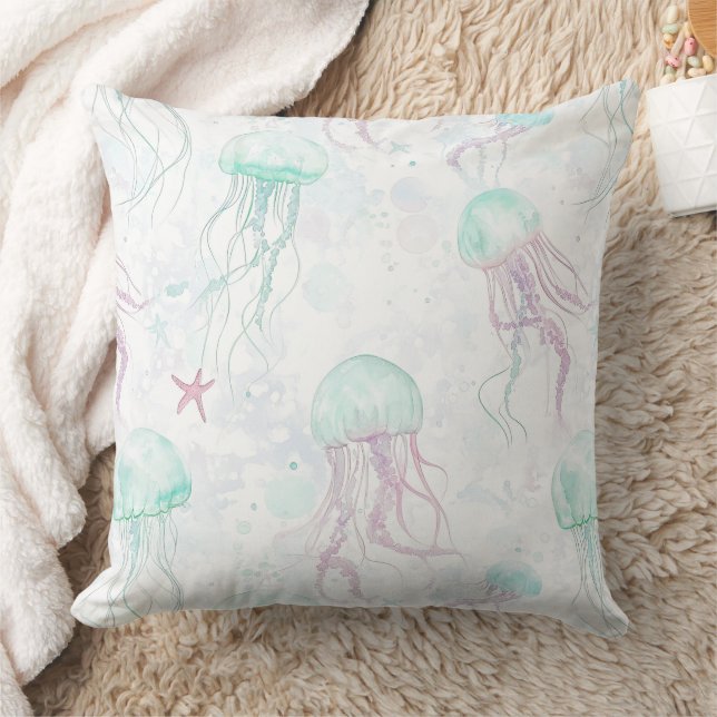Dreamy Watercolor Jellyfish Ocean Pattern Cushion (Blanket)