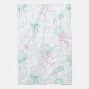Dreamy Watercolor Jellyfish Ocean Pattern Tea Towel
