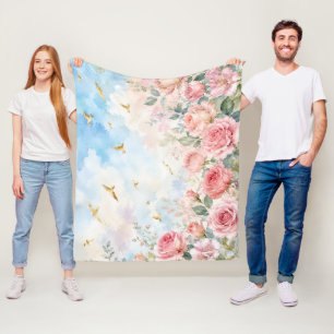Dreamy Watercolor Roses and Golden Birds Floral Ar Fleece Blanket