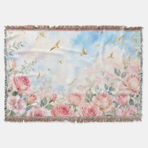 Dreamy Watercolor Roses and Golden Birds Floral Ar Throw Blanket