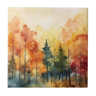 Dreamy Watercolor Trees in Warm Autumn Palette Ceramic Tile