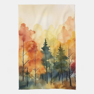 Dreamy Watercolor Trees in Warm Autumn Palette Tea Towel