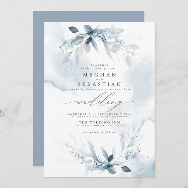 Dreamy Wedding Watercolor Dusty Blue  Invitation (Front/Back)