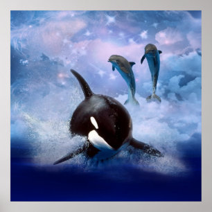 Dreamy whale and dolphins poster