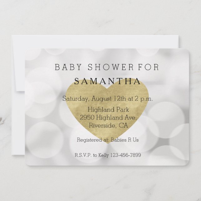 Dreamy White Bokeh Gold Heart baby shower Invitation (Front)