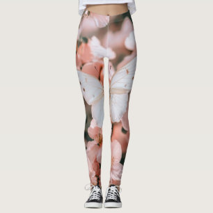 Dreamy White Butterfly on Soft Pink Blossoms Leggings