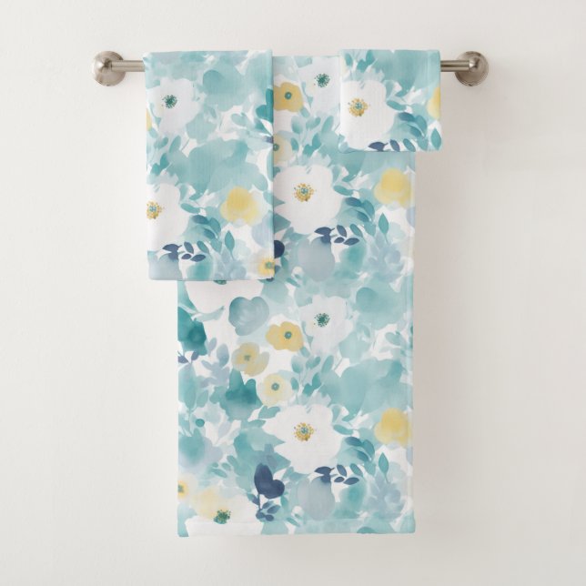 Dreamy White Flowers & Aqua Bath Towel Set (Insitu)