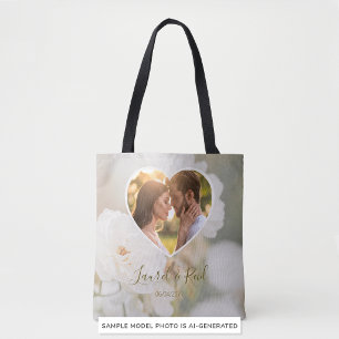Dreamy White Rose Custom Photo Wedding Names Tote Bag