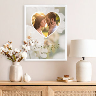 Dreamy White Rose Heart Photo Newlywed Wedding Poster