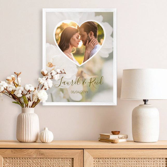Dreamy White Rose Heart Photo Newlywed Wedding Poster (Please note: This image is a digital mockup. The product may not be in scale.)