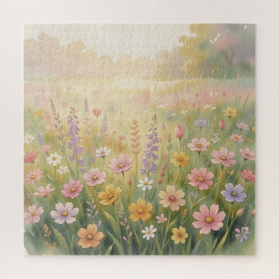 Dreamy Wildflower Meadow Watercolor Pastel Floral  Jigsaw Puzzle