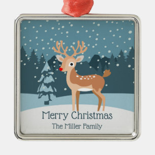 Dreamy winter landscape with a cute deer metal ornament