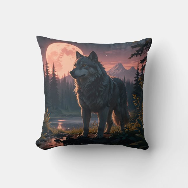 dreamy wolf in the forest Throw Pillow (Front)