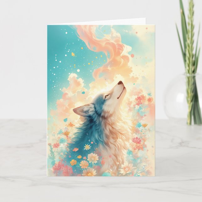 Dreamy Wolf Surrounded by Flowers Card (Front)