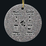 Dreidel Instructions Happy Hanukkah Silver Glitter Ceramic Tree Decoration<br><div class="desc">Decorative and convenient way to keep instructions for playing the Jewish children's game of dreidel at hand... your kids can take a look when they need a reminder of how to play and what the Hebrew letters are called. Great Hanukkah gift! BE SURE TO CHANGE THE MESSAGE ON BACK OF...</div>