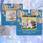 Dreidel Rustic Oak 2 Photo Double Sided Hanukkah Metal Tree Decoration<br><div class="desc">Personalise these cute 2 photo Hanukkah ornaments with your pictures and text on each side. Double sided, these custom holiday ornaments feature 7 faux oak wood dreidels in various sizes across the top printed on a rich medium dark blue background. Your photo in the centre of the ornament will appear...</div>