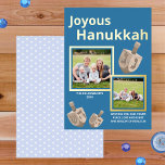 Dreidel Rustic Oak Blue 2 Photo Joyous Hanukkah Foil Holiday Card<br><div class="desc">These personalised Hanukkah cards are made special with two of your favourite photos and real gold foil printing. The simple medium dark blue background sets the tone for two of your pictures framed in chunky boarders of real gold foil with three faux oak wood style dreidel images scattered above and...</div>